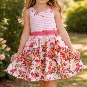 Knitworks Girls Floral Dress Size 5 Pink Stripe Lace Summer Twirl Dress